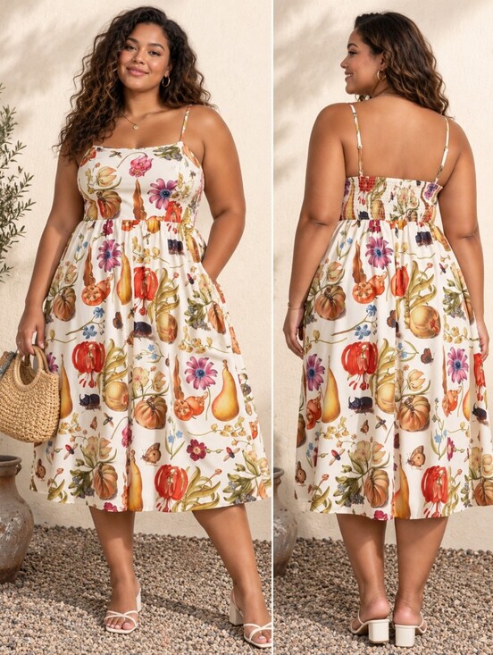 SHEIN Dresses & Skirts - 🌟2/$15 SHEIN White Autumn Floral & Gourd Print Midi Dress